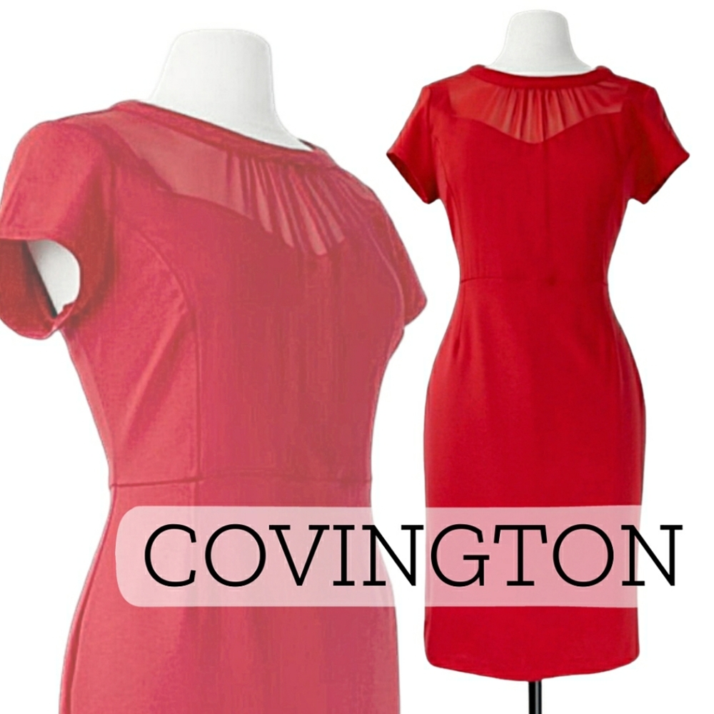 Red Sheath Wiggle Dress with Sheer Overlay | Medium